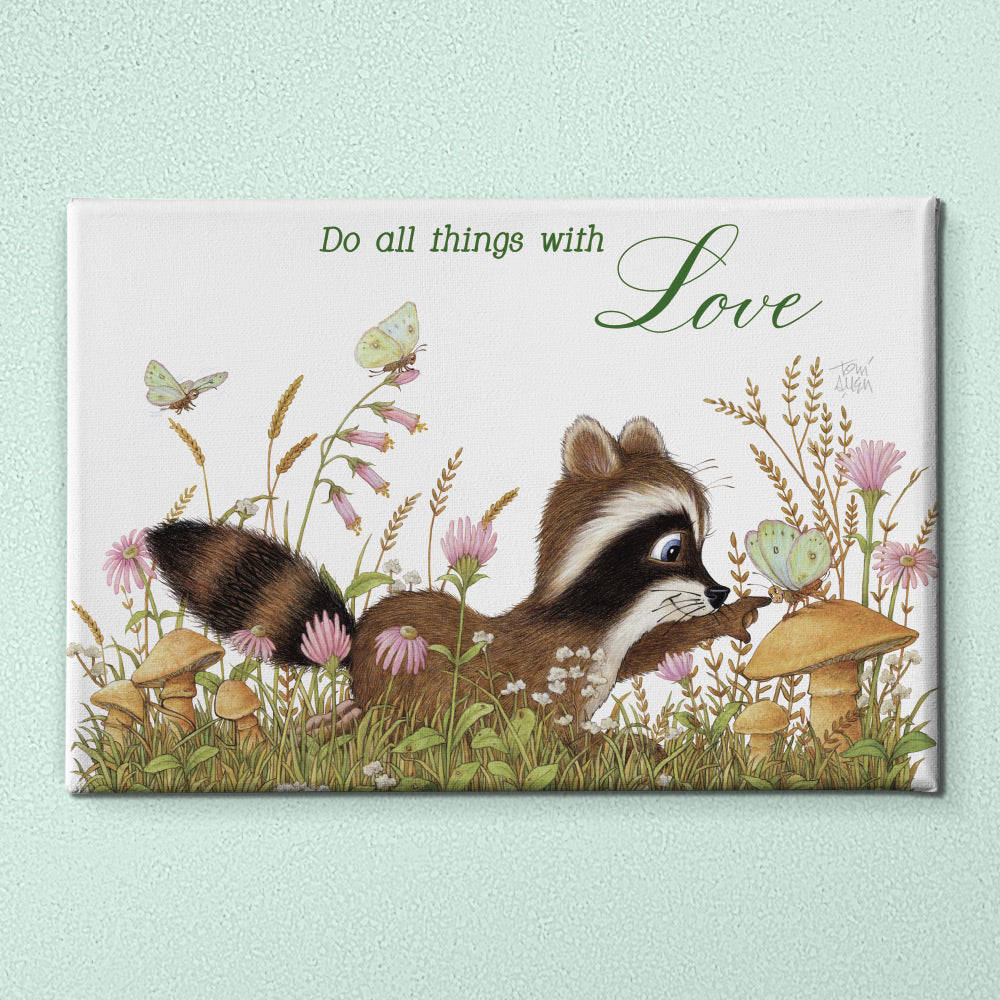 Friendly Kritters Wall Art Print - Racoon and Butterfly in a Field - 16x24 - Hand Drawn - Canvas