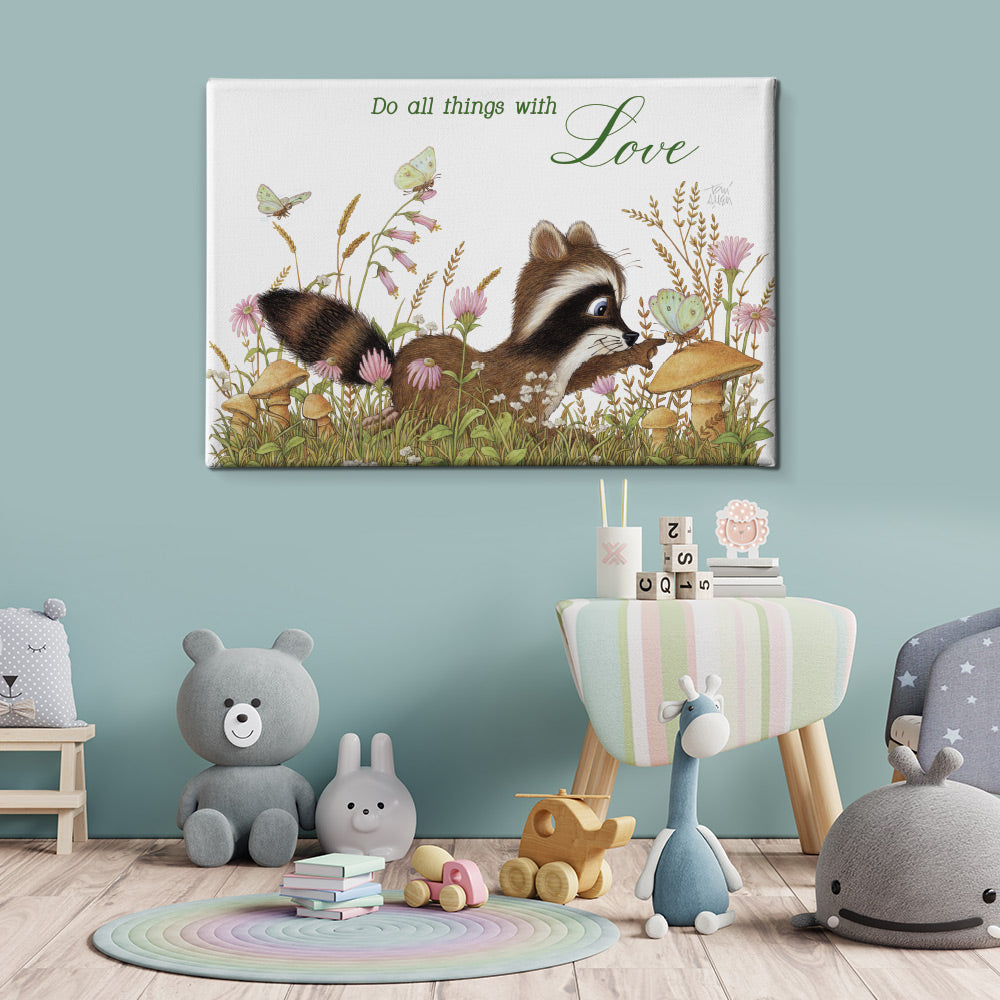 Friendly Kritters Wall Art Print - Racoon and Butterfly in a Field - 16x24 - Hand Drawn - Canvas