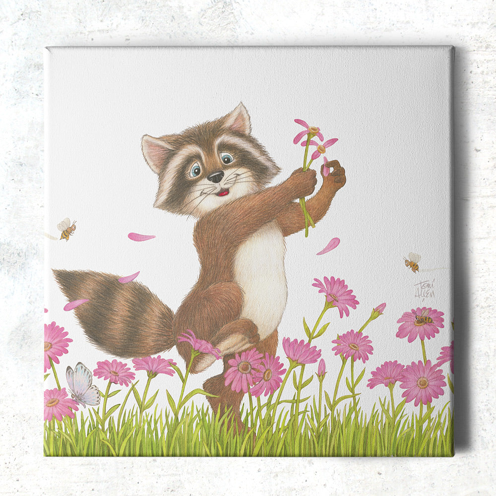 Friendly Kritters Wall Art Print - Raccoon in a Flower Field - 16x16 - Hand Drawn - Canvas