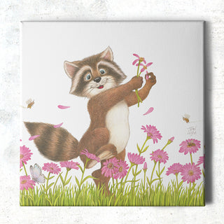 Friendly Kritters Wall Art Print - Raccoon in a Flower Field - 16x16 - Hand Drawn - Canvas