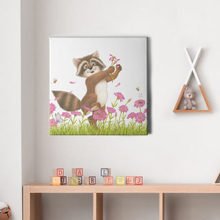 Friendly Kritters Wall Art Print - Raccoon in a Flower Field - 16x16 - Hand Drawn - Canvas