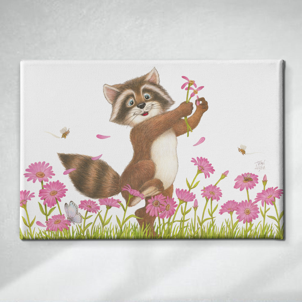 Friendly Kritters Wall Art Print - Raccoon in a Flower Field - 24x36 - Hand Drawn - Canvas