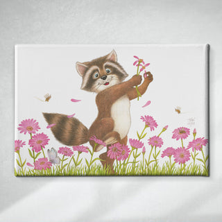 Friendly Kritters Wall Art Print - Raccoon in a Flower Field - 24x36 - Hand Drawn - Canvas