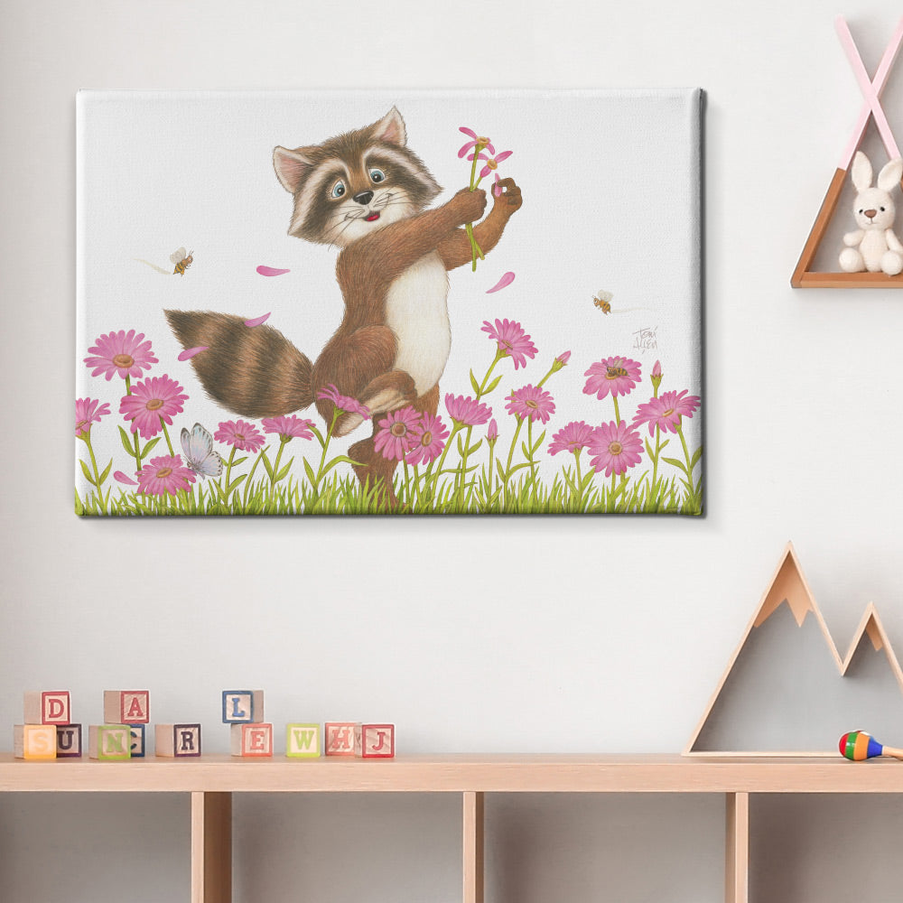 Friendly Kritters Wall Art Print - Raccoon in a Flower Field - 24x36 - Hand Drawn - Canvas