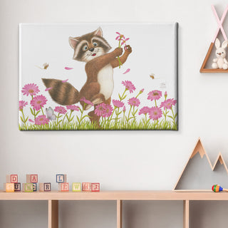 Friendly Kritters Wall Art Print - Raccoon in a Flower Field - 24x36 - Hand Drawn - Canvas