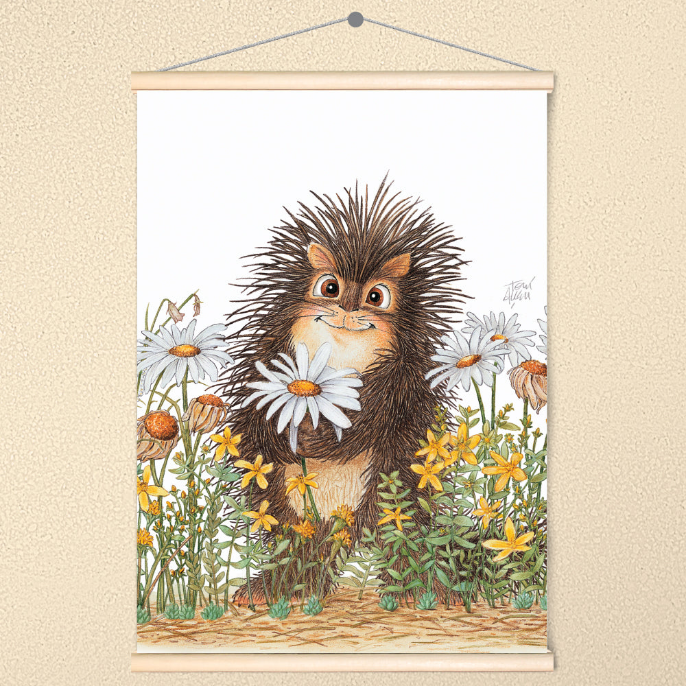 Friendly Kritters Wall Art Print - Porcupine in a Field of Flowers - 17.5x24 - Hand Drawn - Wood Frame Hanger