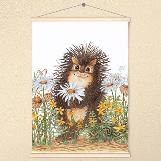 Friendly Kritters Wall Art Print - Porcupine in a Field of Flowers - 17.5x24 - Hand Drawn - Wood Frame Hanger