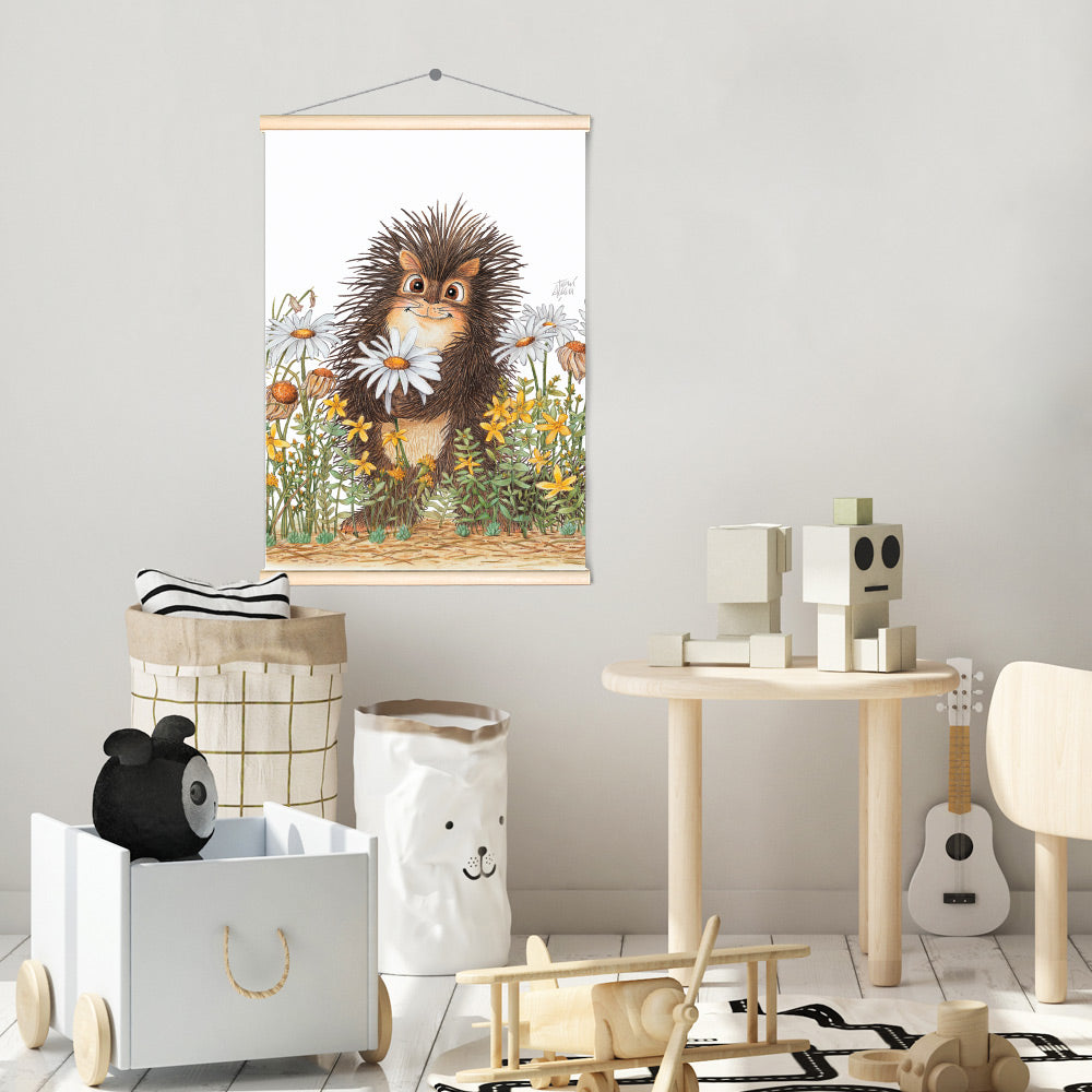 Friendly Kritters Wall Art Print - Porcupine in a Field of Flowers - 17.5x24 - Hand Drawn - Wood Frame Hanger