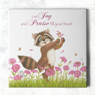 Friendly Kritters Wall Art Print - Raccoon in a Flower Field - 16x16 - Hand Drawn - Canvas