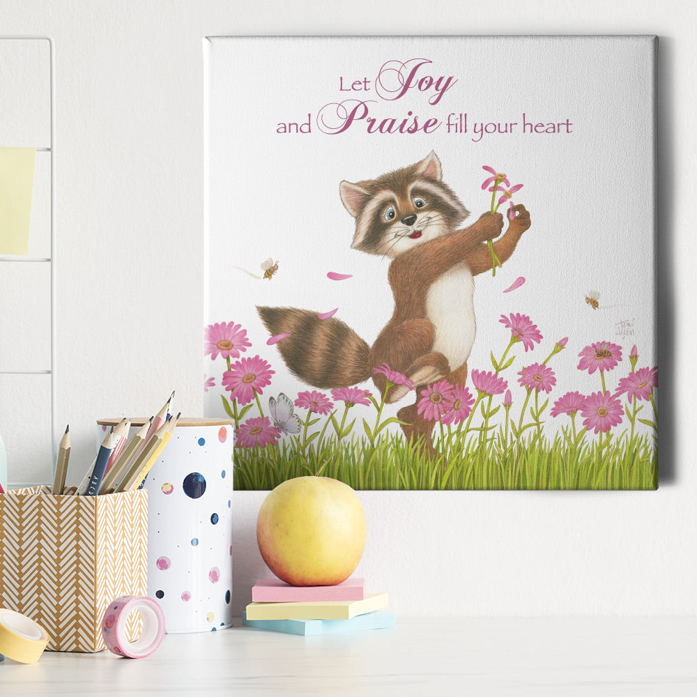 Friendly Kritters Wall Art Print - Raccoon in a Flower Field - 16x16 - Hand Drawn - Canvas