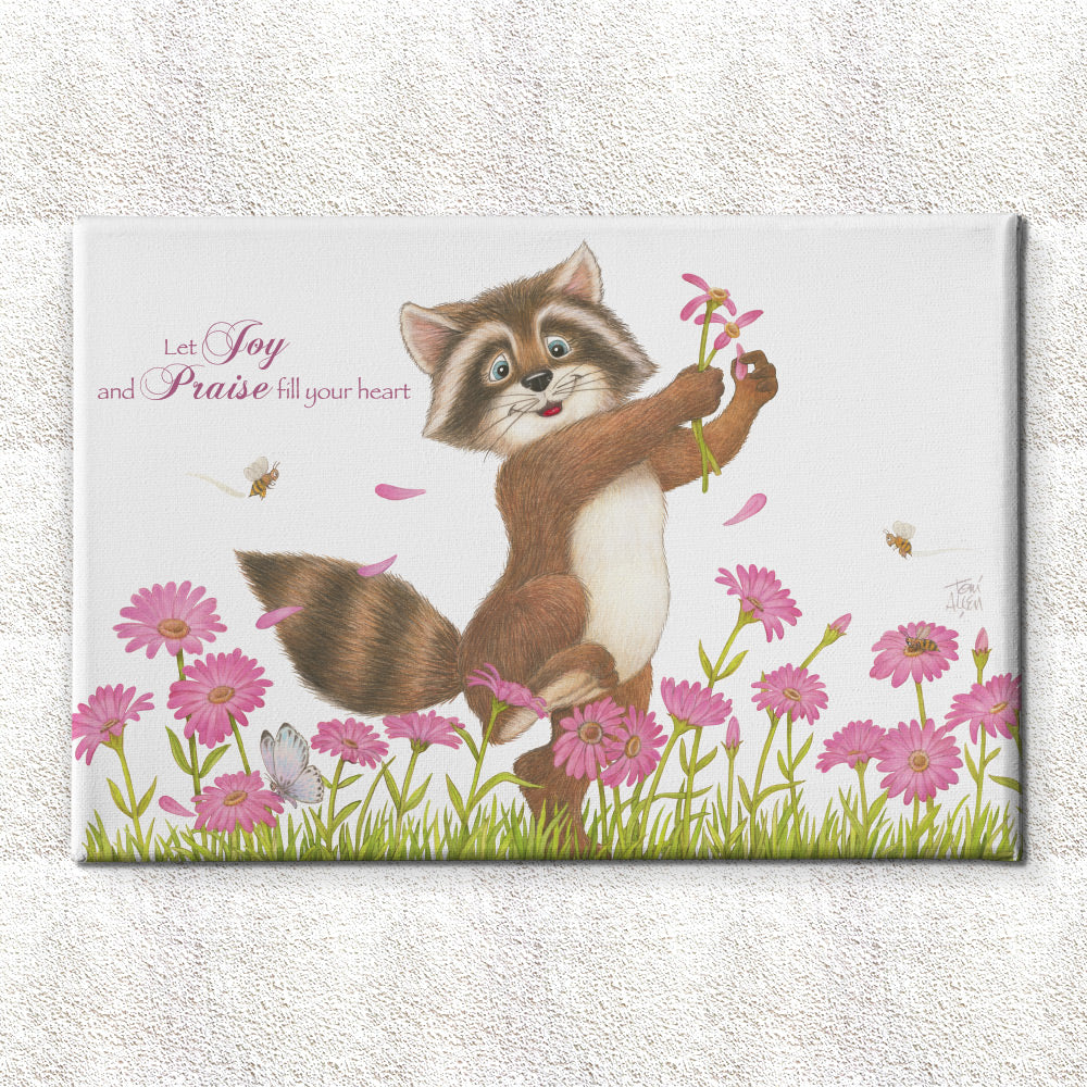 Friendly Kritters Wall Art Print - Raccoon in a Flower Field - 24x36 - Hand Drawn - Canvas