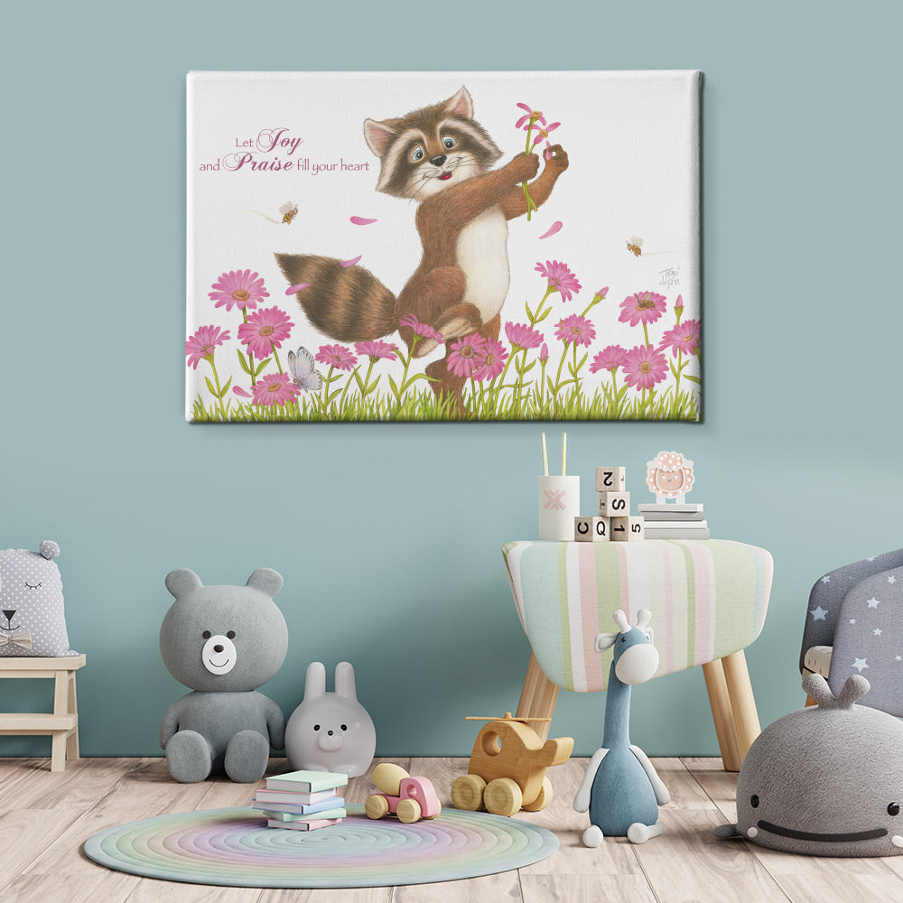 Friendly Kritters Wall Art Print - Raccoon in a Flower Field - 16x24 - Hand Drawn - Canvas