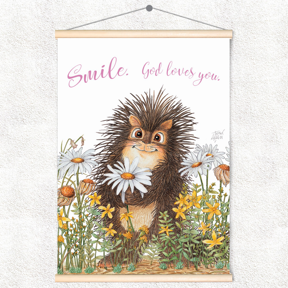 Friendly Kritters Wall Art Print - Porcupine in a Field of Flowers - 17.5x24 - Hand Drawn - Wood Frame Hanger