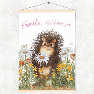 Friendly Kritters Wall Art Print - Porcupine in a Field of Flowers - 17.5x24 - Hand Drawn - Wood Frame Hanger