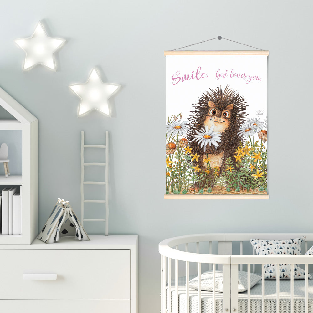 Friendly Kritters Wall Art Print - Porcupine in a Field of Flowers - 17.5x24 - Hand Drawn - Wood Frame Hanger