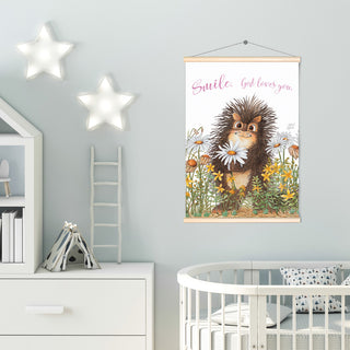 Friendly Kritters Wall Art Print - Porcupine in a Field of Flowers - 17.5x24 - Hand Drawn - Wood Frame Hanger