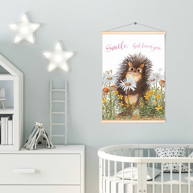 Friendly Kritters Wall Art Print - Porcupine in a Field of Flowers - 17.5x24 - Hand Drawn - Wood Frame Hanger
