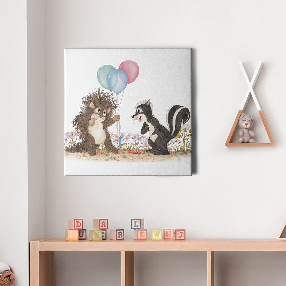 Friendly Kritters Wall Art Print - Porcupine and Skunk with Balloons - 16x16 - Hand Drawn - Canvas