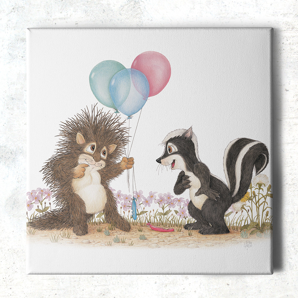 Friendly Kritters Wall Art Print - Porcupine and Skunk with Balloons - 16x16 - Hand Drawn - Canvas