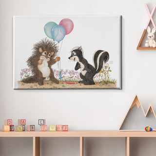 Friendly Kritters Wall Art Print - Porcupine and Skunk with Balloons - 24x36 - Hand Drawn - Canvas