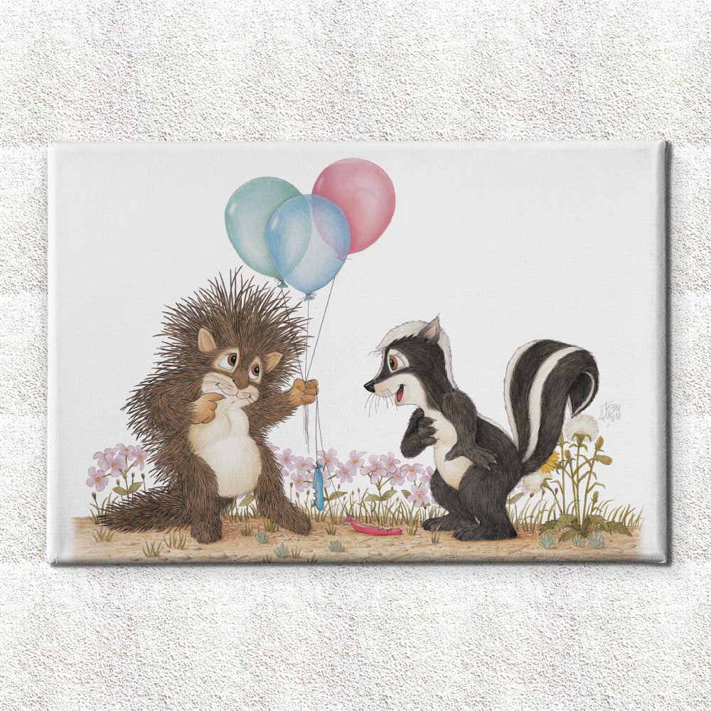 Friendly Kritters Wall Art Print - Porcupine and Skunk with Balloons - 24x36 - Hand Drawn - Canvas