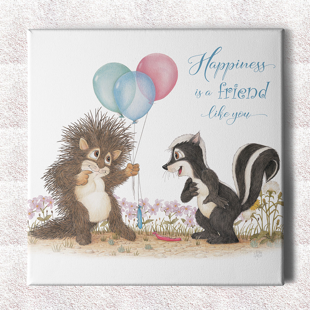 Friendly Kritters Wall Art Print - Porcupine and Skunk with Balloons - 16x16 - Hand Drawn - Canvas
