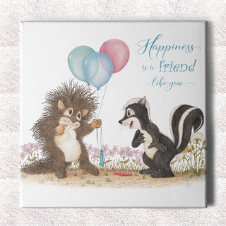 Friendly Kritters Wall Art Print - Porcupine and Skunk with Balloons - 16x16 - Hand Drawn - Canvas