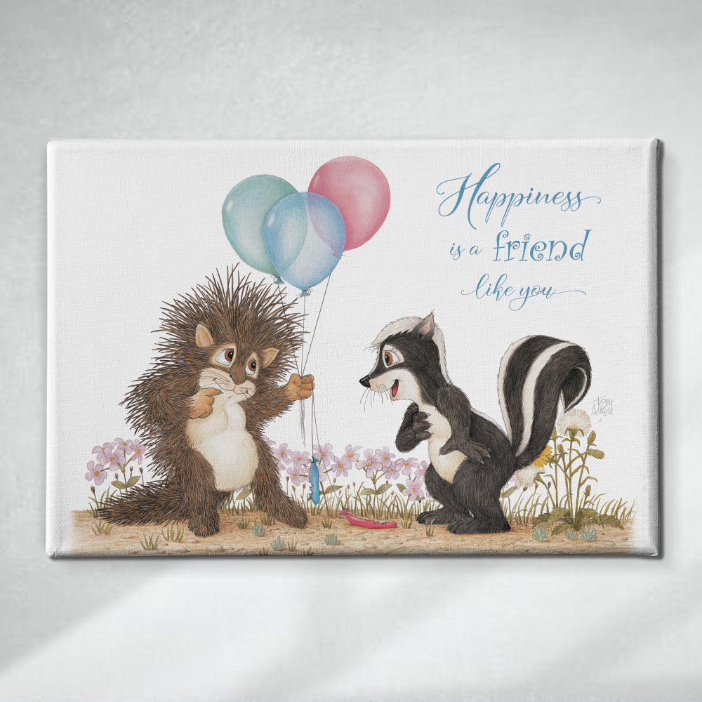 Friendly Kritters Wall Art Print - Porcupine and Skunk with Balloons - 24x36 - Hand Drawn - Canvas