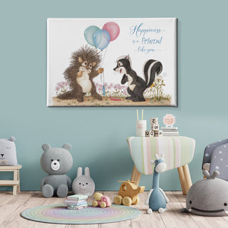 Friendly Kritters Wall Art Print - Porcupine and Skunk with Balloons - 24x36 - Hand Drawn - Canvas