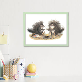 Friendly Kritters Wall Art Print -Porcupines Roasting Marshmallows - 8x10 - Hand Drawn - Unframed