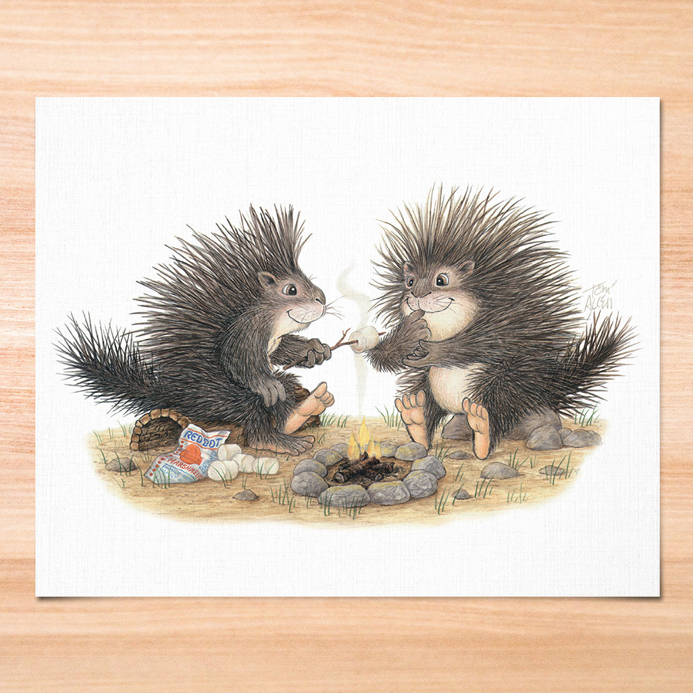 Friendly Kritters Wall Art Print -Porcupines Roasting Marshmallows - 8x10 - Hand Drawn - Unframed