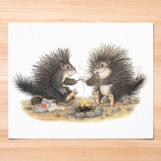 Friendly Kritters Wall Art Print -Porcupines Roasting Marshmallows - 8x10 - Hand Drawn - Unframed
