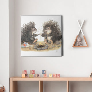 Friendly Kritters Wall Art Print - Porcupines Roasting Marshmallows - 16x16 - Hand Drawn - Canvas