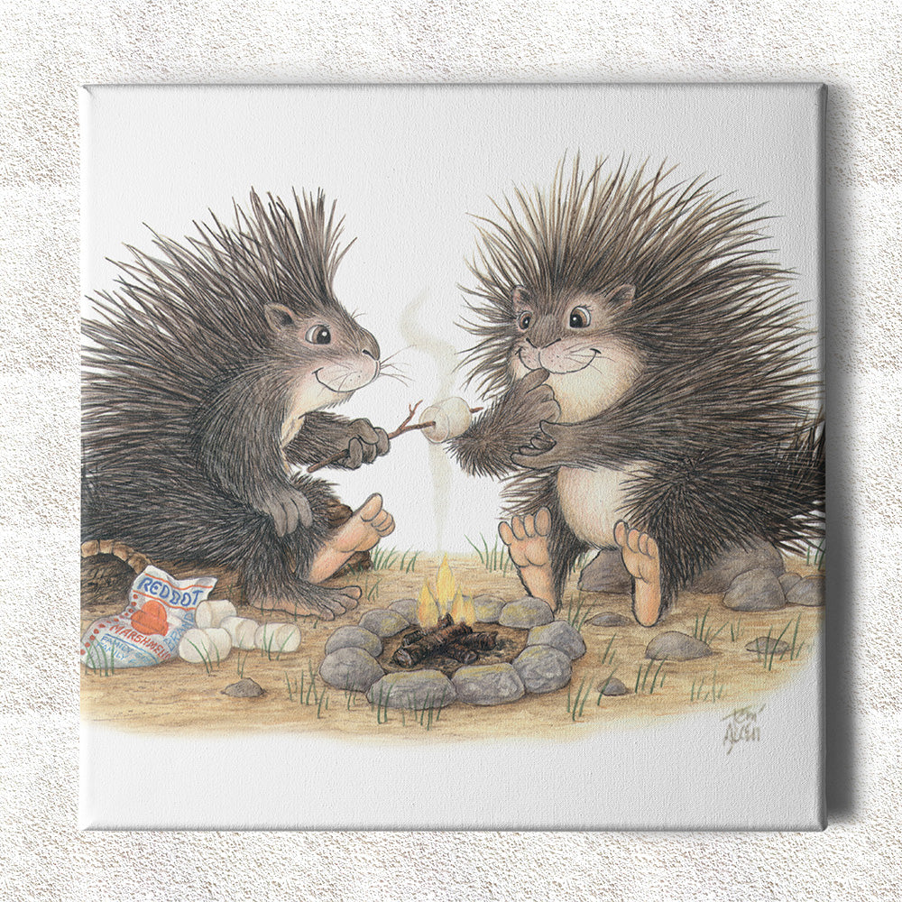 Friendly Kritters Wall Art Print - Porcupines Roasting Marshmallows - 16x16 - Hand Drawn - Canvas