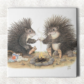 Friendly Kritters Wall Art Print - Porcupines Roasting Marshmallows - 16x16 - Hand Drawn - Canvas