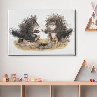 Friendly Kritters Wall Art Print - Porcupines Roasting Marshmallows - 24x36 - Hand Drawn - Canvas