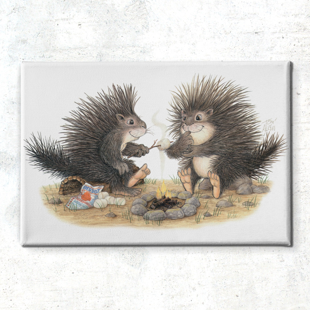 Friendly Kritters Wall Art Print - Porcupines Roasting Marshmallows - 16x24 - Hand Drawn - Canvas