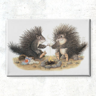 Friendly Kritters Wall Art Print - Porcupines Roasting Marshmallows - 24x36 - Hand Drawn - Canvas