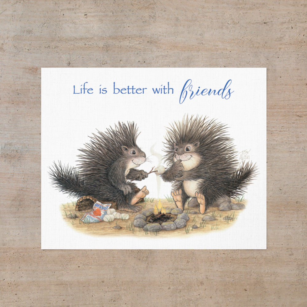Friendly Kritters Wall Art Print -Porcupines Roasting Marshmallows - 8x10 - Hand Drawn - Unframed