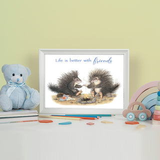 Friendly Kritters Wall Art Print -Porcupines Roasting Marshmallows - 8x10 - Hand Drawn - Unframed