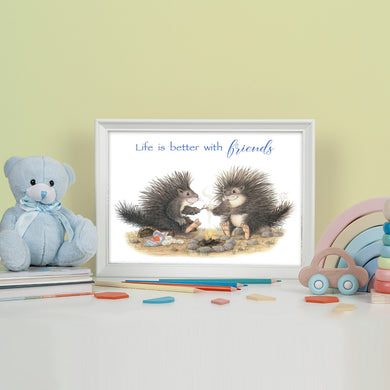 Friendly Kritters Wall Art Print -Porcupines Roasting Marshmallows - 8x10 - Hand Drawn - Unframed