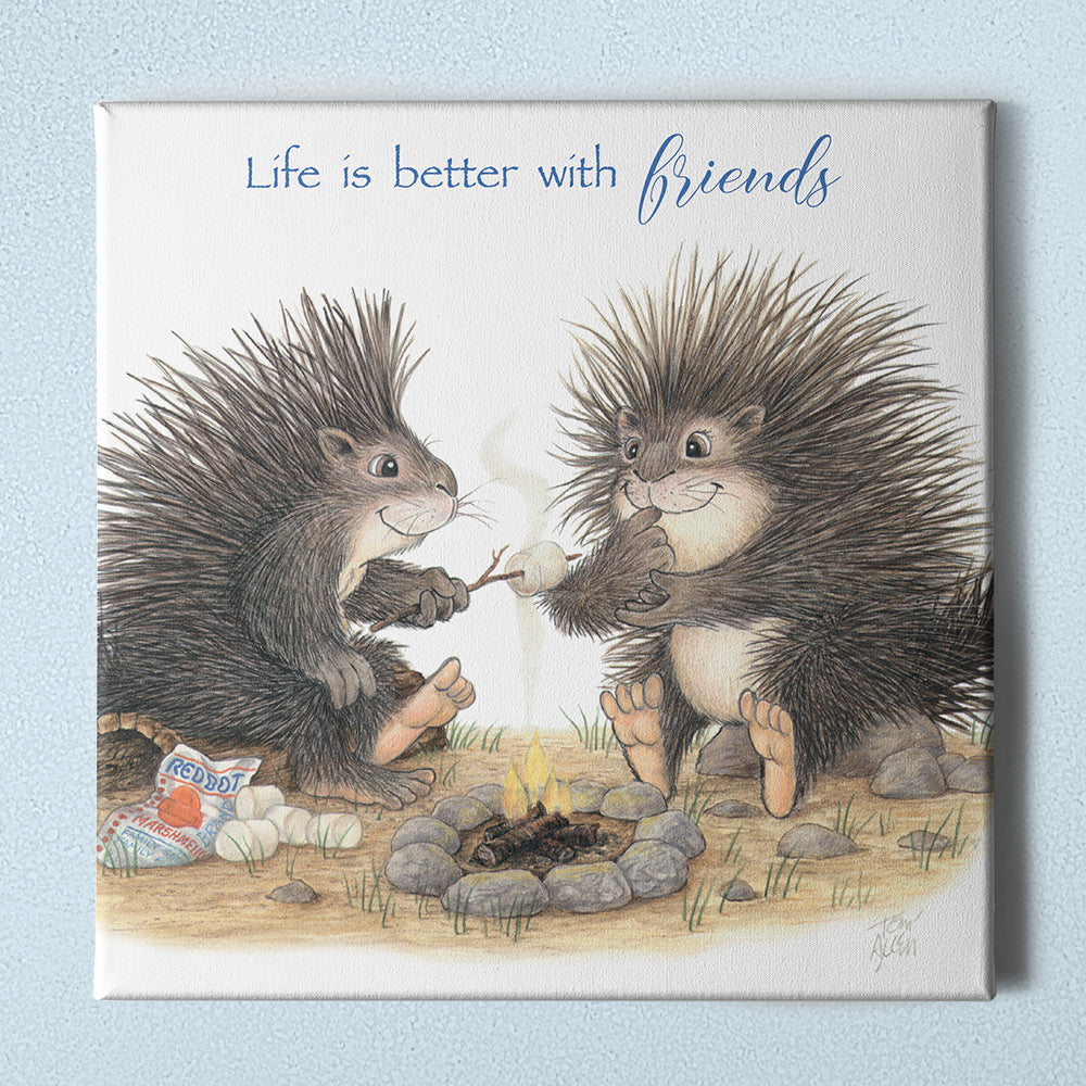Friendly Kritters Wall Art Print - Porcupines Roasting Marshmallows - 16x16 - Hand Drawn - Canvas