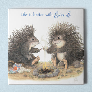 Friendly Kritters Wall Art Print - Porcupines Roasting Marshmallows - 16x16 - Hand Drawn - Canvas