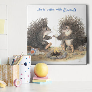 Friendly Kritters Wall Art Print - Porcupines Roasting Marshmallows - 16x16 - Hand Drawn - Canvas