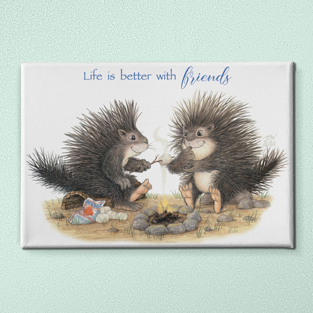 Friendly Kritters Wall Art Print - Porcupines Roasting Marshmallows - 24x36 - Hand Drawn - Canvas