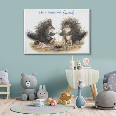 Friendly Kritters Wall Art Print - Porcupines Roasting Marshmallows - 24x36 - Hand Drawn - Canvas