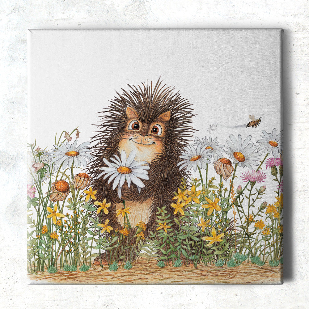 Friendly Kritters Wall Art Print - Porcupine in a Field of Flowers - 16x16 - Hand Drawn - Canvas
