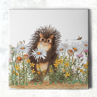 Friendly Kritters Wall Art Print - Porcupine in a Field of Flowers - 16x16 - Hand Drawn - Canvas