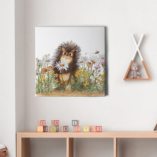 Friendly Kritters Wall Art Print - Porcupine in a Field of Flowers - 16x16 - Hand Drawn - Canvas