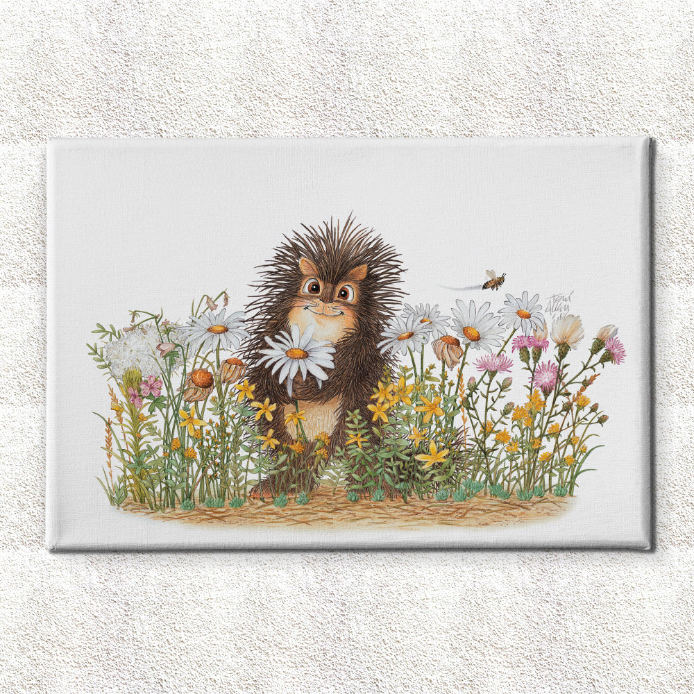 Friendly Kritters Wall Art Print - Porcupine in a Field of Flowers - 24x36 - Hand Drawn - Canvas